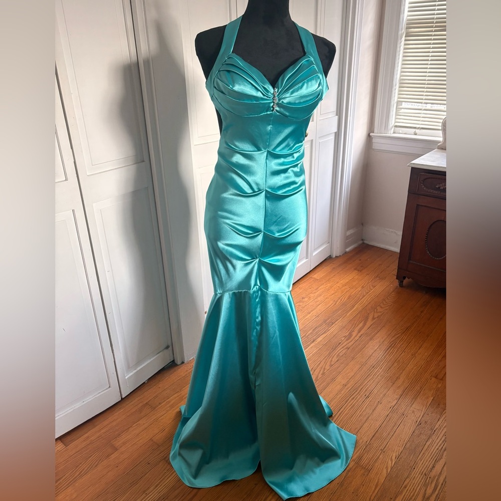 Blondie Nites Teal Satin Mermaid Gown | Open Back Rhinestone Detail | Size 3